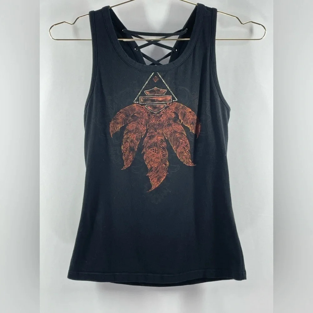 VTG Y2K Harley Davidson Black Feather Indian Tie Back Tank Top